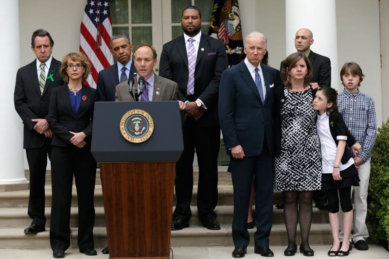 Mark Barden speaks at the White House Rose Garden after the failure of the Senate to pass Universal Background checks. He is with his family, President Obama and then Vice President Biden.