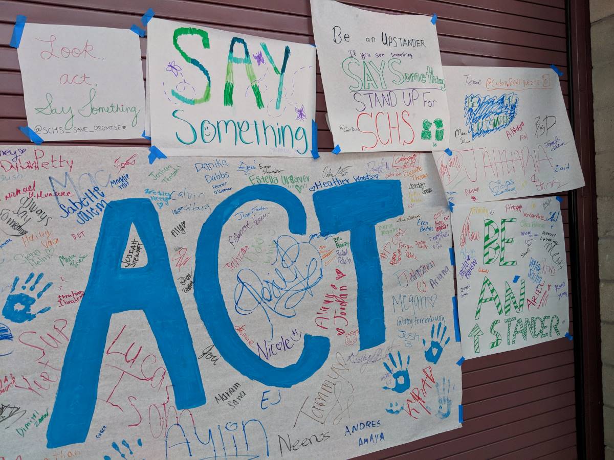 Posters created by students for Say Something Week encouraging their classmates to take action.