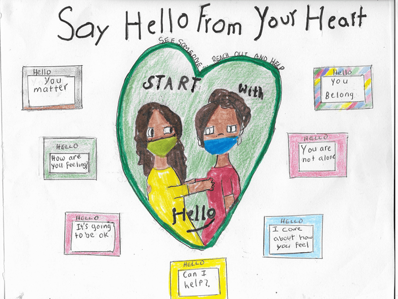Student Voices Contest Winner Dream E., Miami Shores Elementary School, Florida. The image shows two students within a green heart. Image text says “Say hello from your heart, Start with hello.”